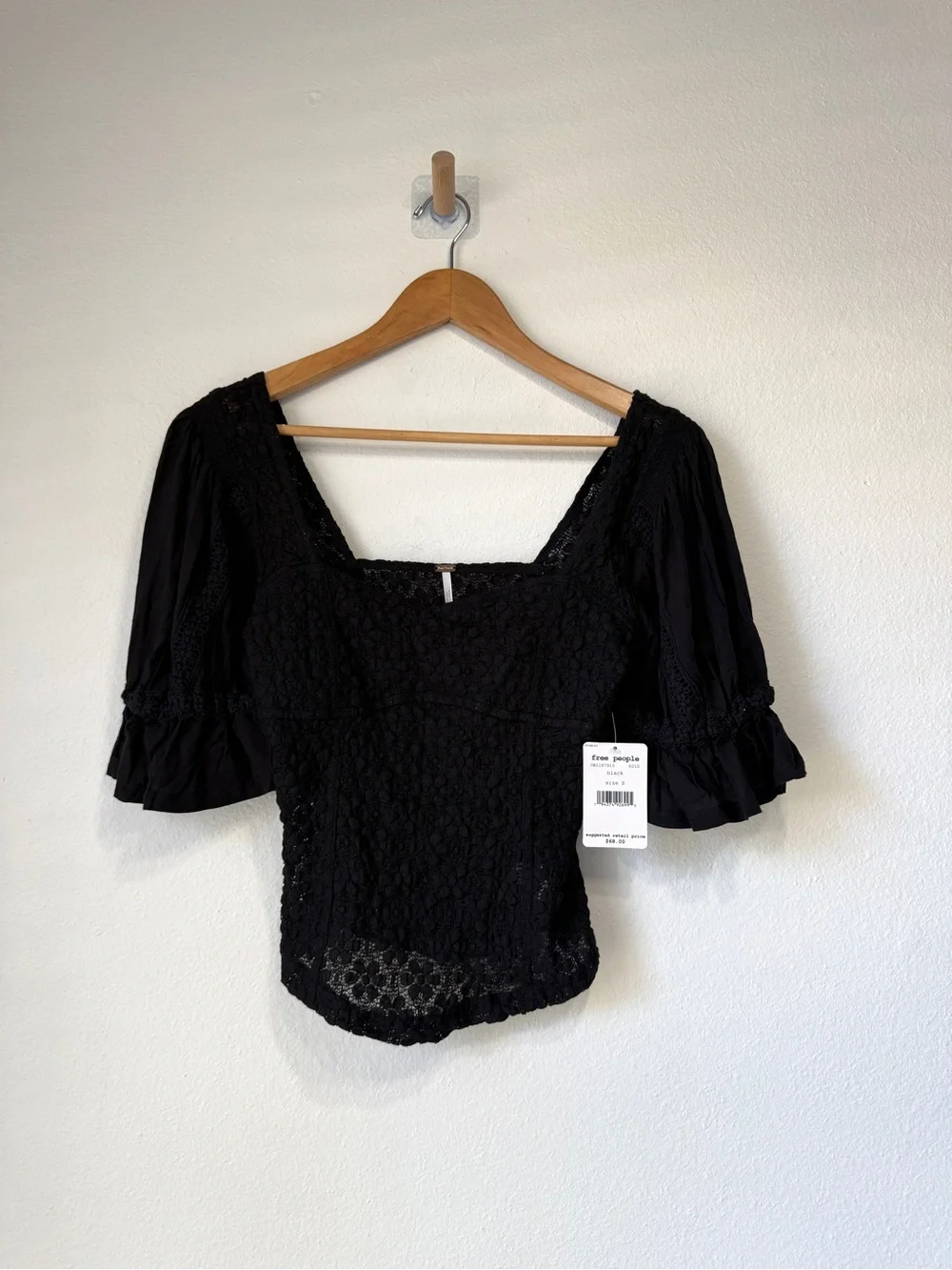 Free People Black Lace Square Neck Ruffle Sleeve Top Size S